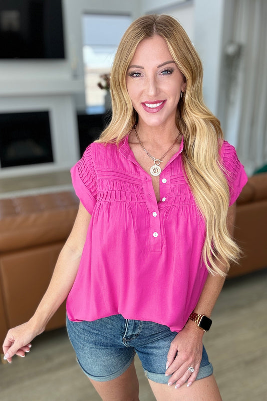 Pleat Detail Button Up Blouse in Hot Pink