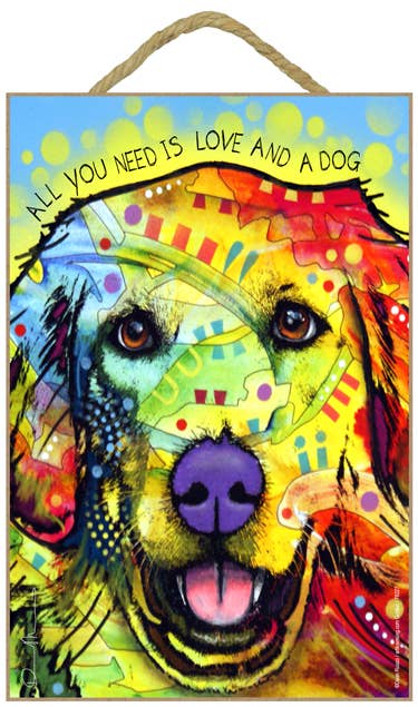 Golden Retriever - All you need is love and a dog (blue & yellow background) 7" x 10.5" wood plaques/signs featuring the artwork of Dean Russo