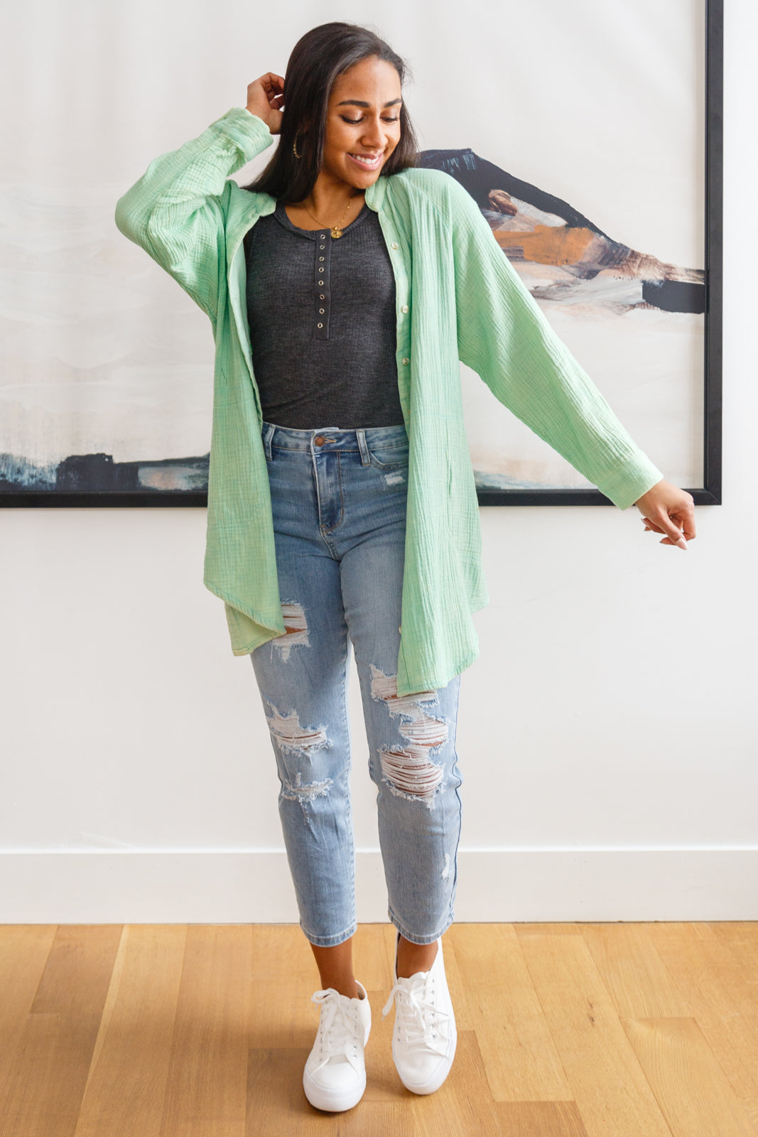Corey Button Up Top In Vintage Green