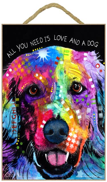 Golden Retriever - All you need is love and a dog 7" x 10.5" wood plaques/signs featuring the artwork of Dean Russo